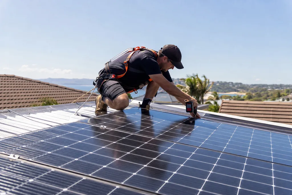 An installer kneeling on a metal roof, fixing a solar panel to its rail.