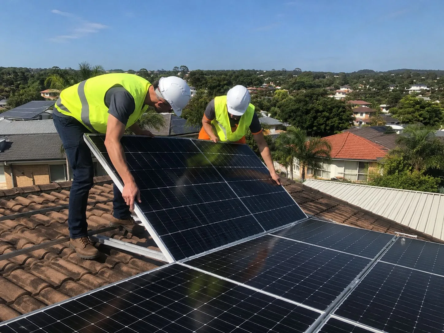 Two installers in hard hats and high-visibility vests lifting a solar panel onto its rail on a tiled roof, with a New South Wales suburb behind them.